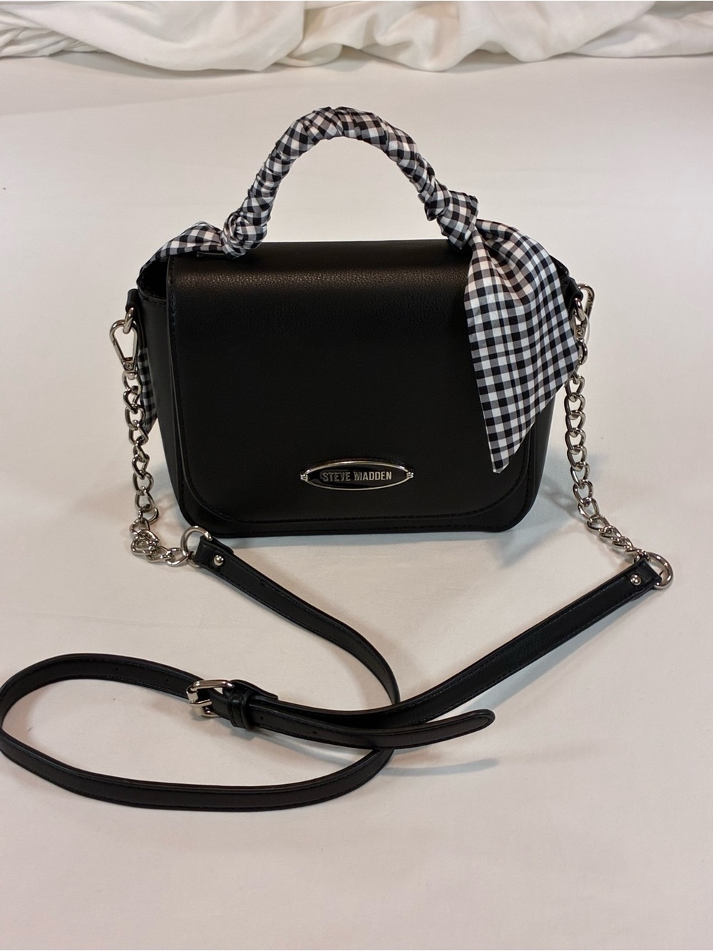 Steve Madden Black Crossbody Satchel with Gingham Handle Scarf